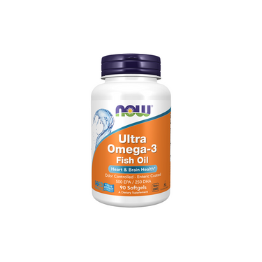 A bottle of Now Foods Ultra Omega-3 Fish Oil (500 EPA / 250 DHA) with 90 softgels, formulated to support heart, brain, and vision health.